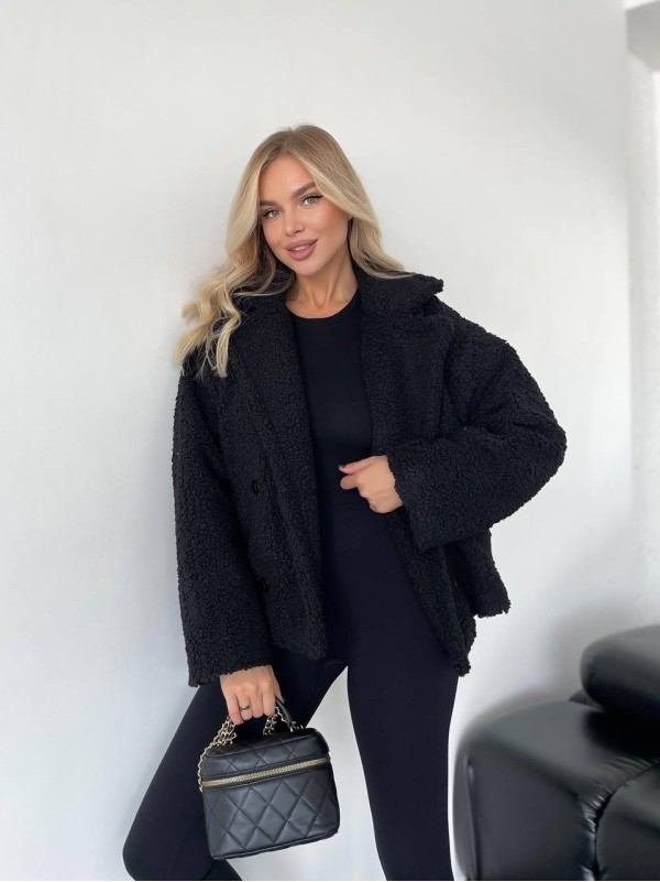 Жіноча коротка шуба-куртка з букле чорного кольору 35405