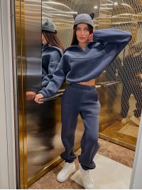 Жіночий теплий костюм з капюшоном графiтового кольору 35437