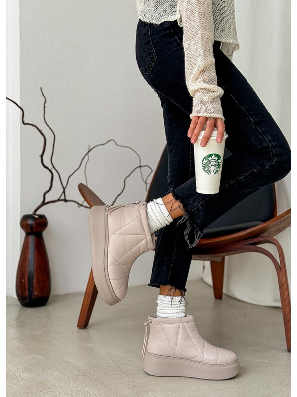 Жіночі уггі з натуральної шкіри на платформі (хутро) бежевого кольору 35441