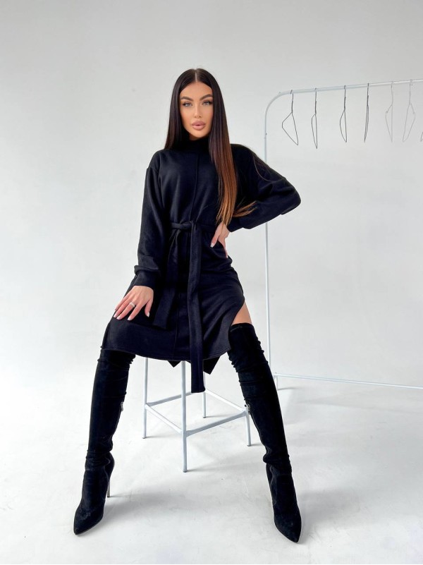 Ангорова сукня мiдi з поясом чорного кольору 35443