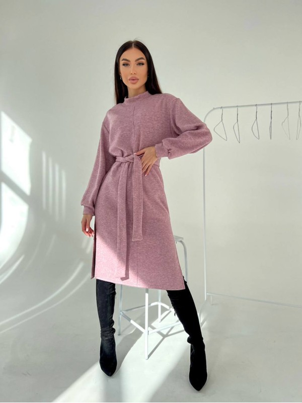 Ангорова сукня мiдi з поясом пудрового кольору 35444