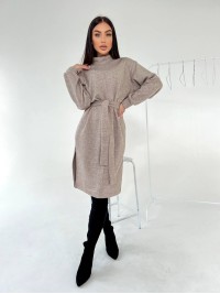 Ангорова сукня мiдi з поясом бежевого кольору 35445