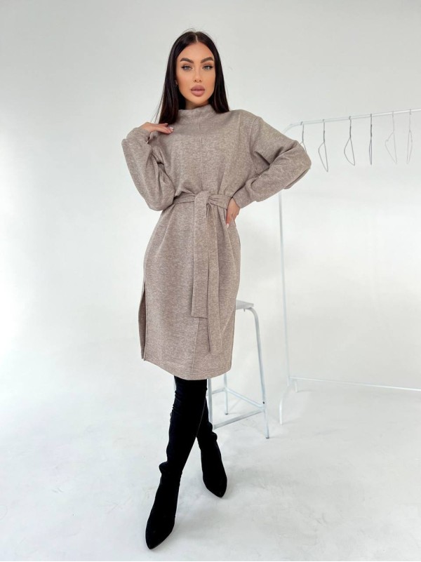 Ангорова сукня мiдi з поясом бежевого кольору 35445