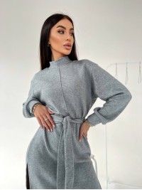 Ангорова сукня мiдi з поясом сiрого кольору 35446