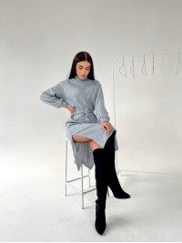 Ангорова сукня мiдi з поясом сiрого кольору 35446
