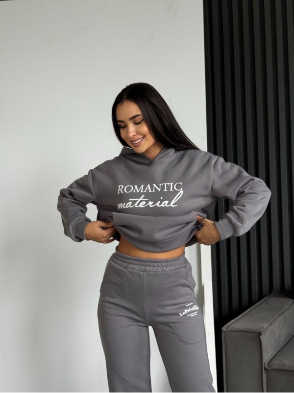 Жіночий спортивний костюм на флiсi з написом сiрого кольору 35455