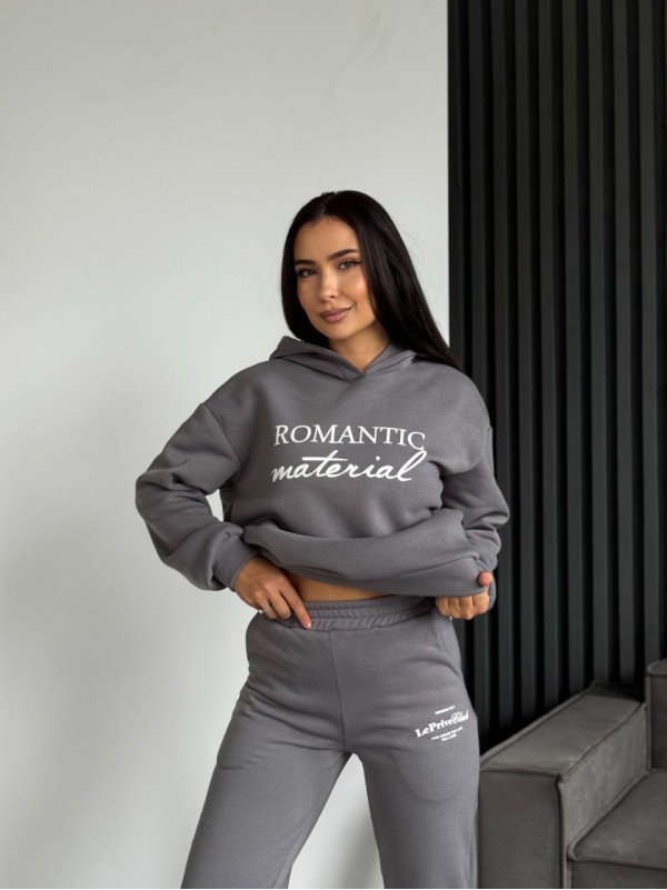 Жіночий спортивний костюм на флiсi з написом сiрого кольору 35455