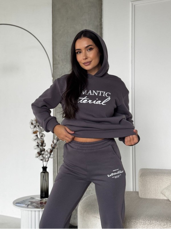 Жіночий спортивний костюм на флiсi з написом графiтового кольору 35456