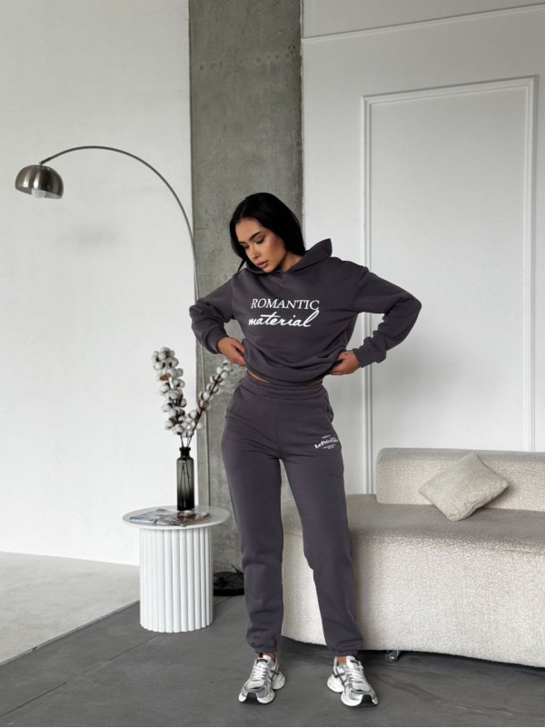 Жіночий спортивний костюм на флiсi з написом графiтового кольору 35456