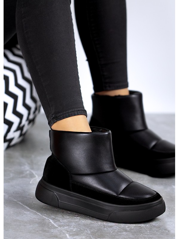 Жіночі уггі з натуральної шкіри на платформі (цигейка) чорного кольору 35469