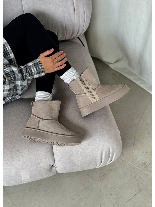 Жіночі уггі з натуральної замші на змійці (хутро) сірого кольору 35470