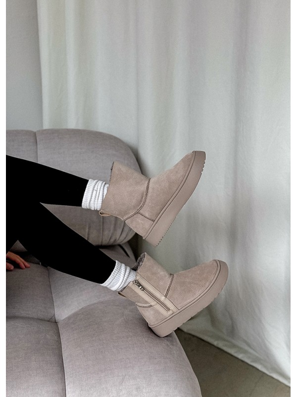 Жіночі уггі з натуральної замші на змійці (хутро) сірого кольору 35470