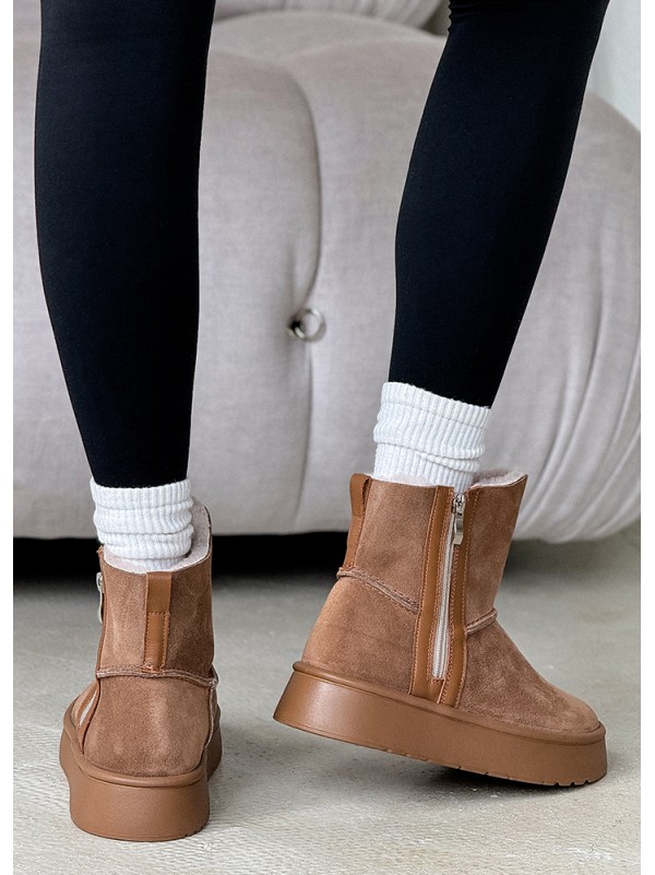 Жіночі уггі з натуральної замші на змійці (хутро) кавового кольору 35471