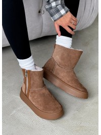 Жіночі уггі з натуральної замші на змійці (хутро) кавового кольору 35471