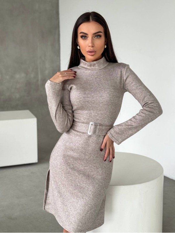 Ангорова сукня мiнi з поясом бежевого кольору 35484