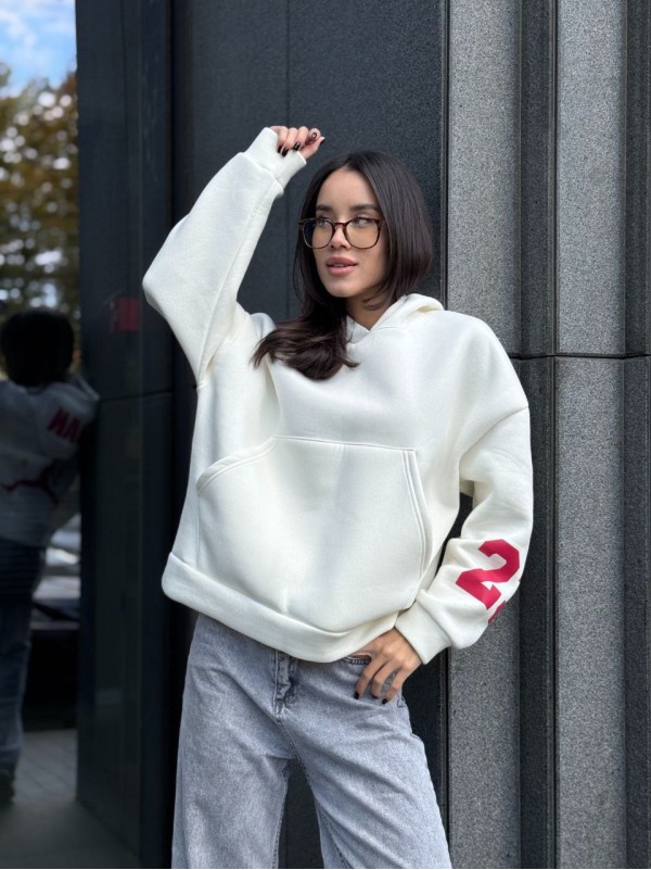 Жіноче спортивне худі на флiсi молочного кольору 35502