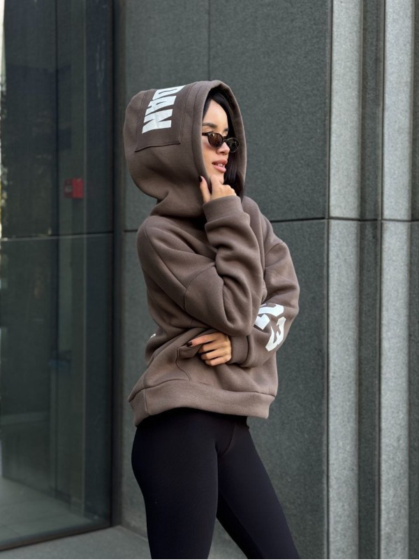 Жіноче спортивне худі на флiсi кавовго кольору 35503
