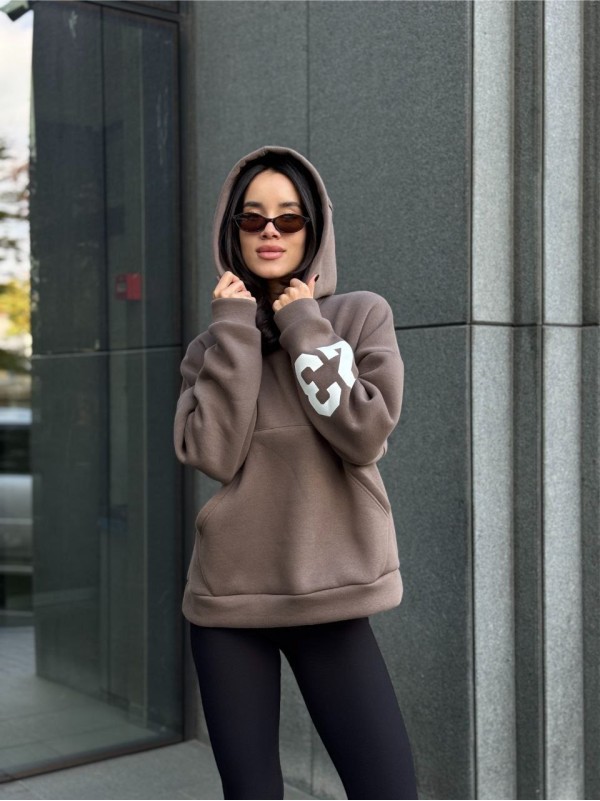 Жіноче спортивне худі на флiсi кавовго кольору 35503