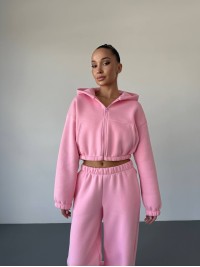 Теплий жiночий костюм з вкороченою кофтою рожевого кольору 35518