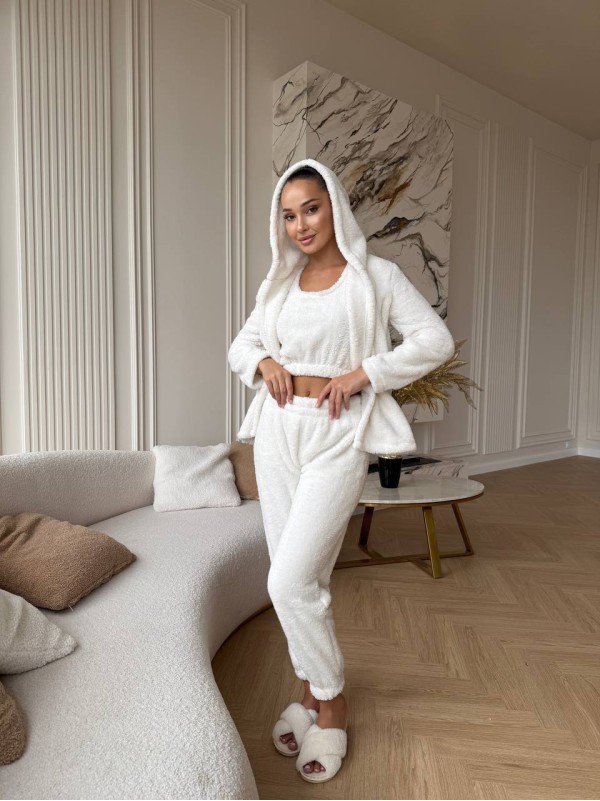 Жіночий домашній махровий костюм 3-ка молочного кольору  35523
