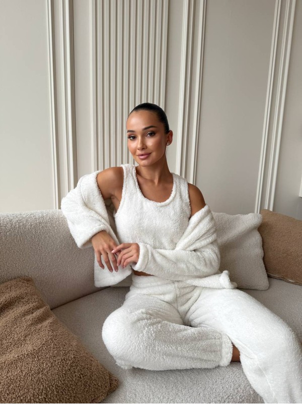 Жіночий домашній махровий костюм 3-ка молочного кольору  35523