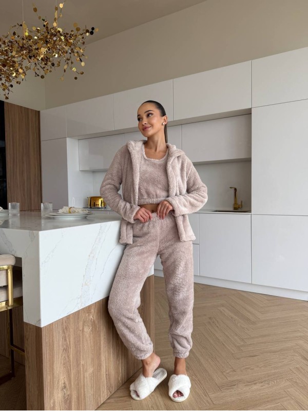 Жіночий домашній махровий костюм 3-ка бежевого кольору  35524