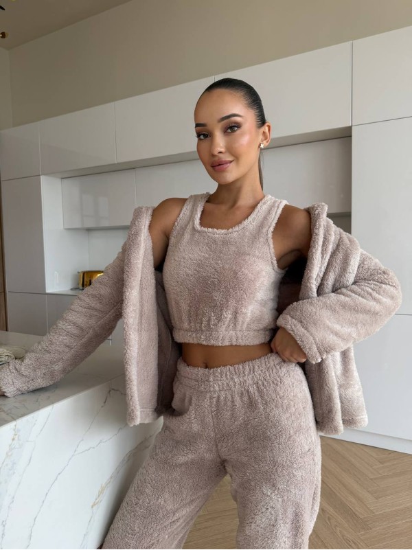 Жіночий домашній махровий костюм 3-ка бежевого кольору  35524