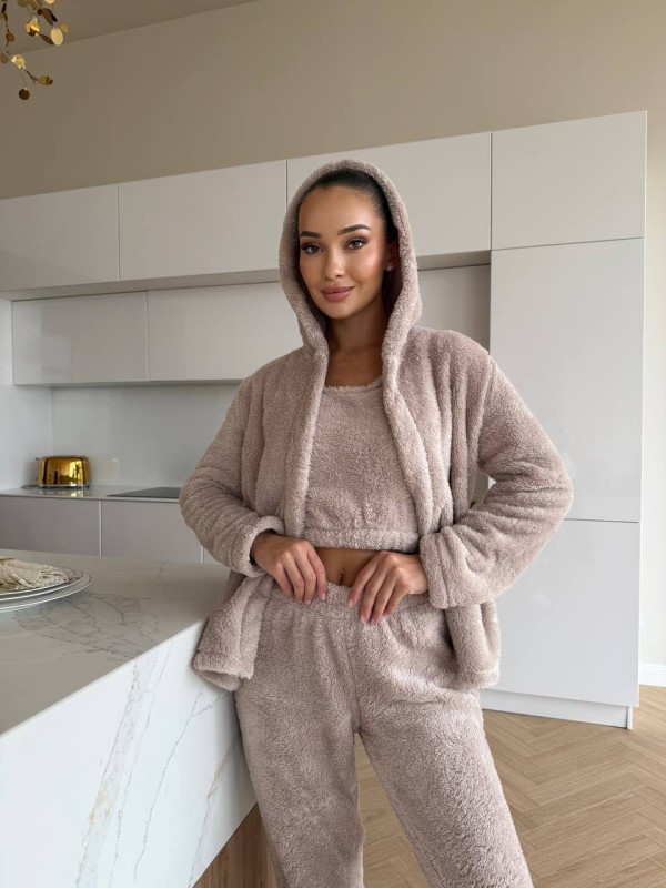 Жіночий домашній махровий костюм 3-ка бежевого кольору  35524
