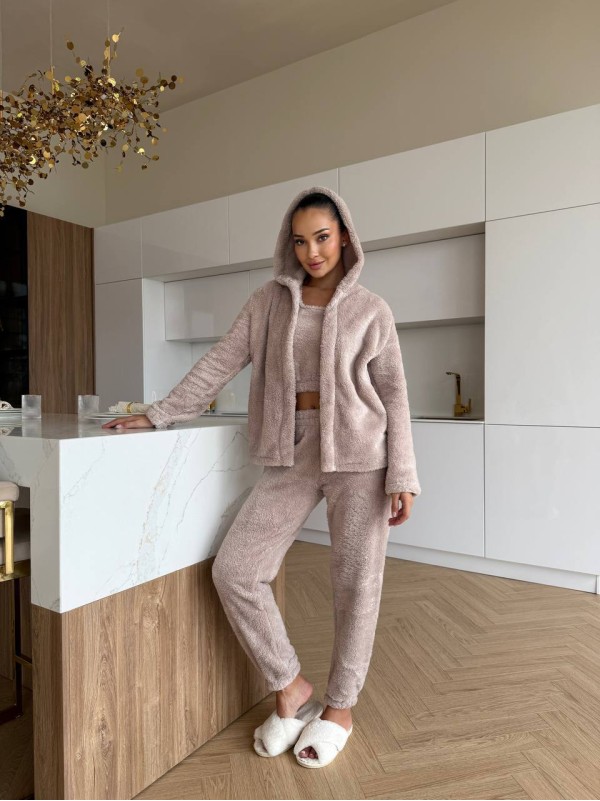 Жіночий домашній махровий костюм 3-ка бежевого кольору  35524