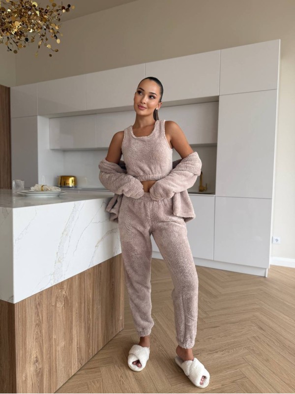 Жіночий домашній махровий костюм 3-ка бежевого кольору  35524