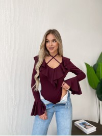 Однотонний боді з рюшами бордового кольору 35539