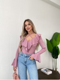 Однотонний боді з рюшами рожевого кольору 35540