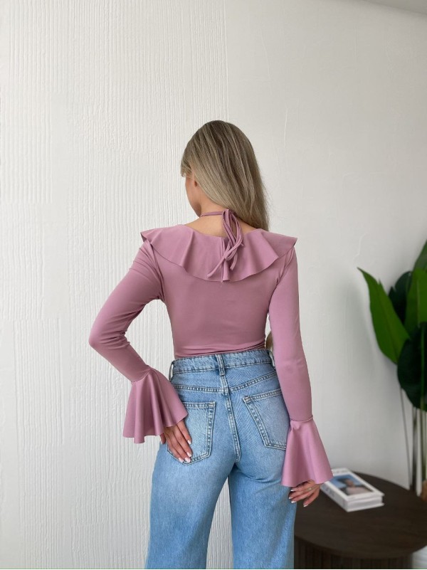 Однотонний боді з рюшами рожевого кольору 35540