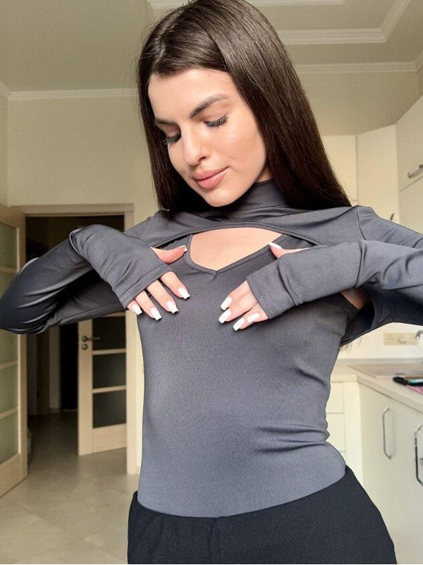 Жiночий боді+топ з рукавом сiрого кольору 35542
