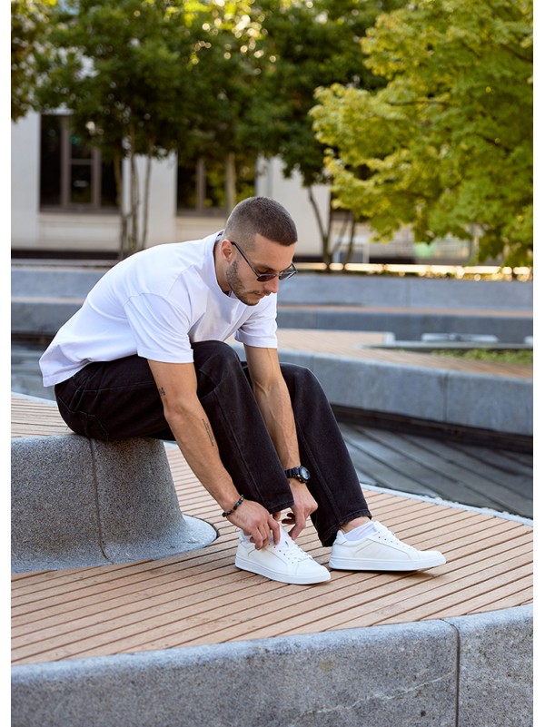 Базові кеди чоловічі з натуральної шкіри білого кольору 35553