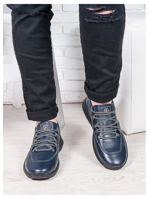 Шкіряні чоловічі кросівки синього кольору 35558