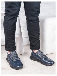 Шкіряні чоловічі кросівки синього кольору 35558