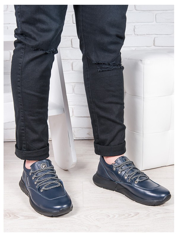 Шкіряні чоловічі кросівки синього кольору 35558