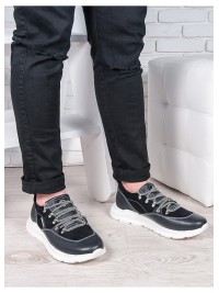 Шкіряні чоловічі кросівки з білою підошвою темно синього кольору 35559