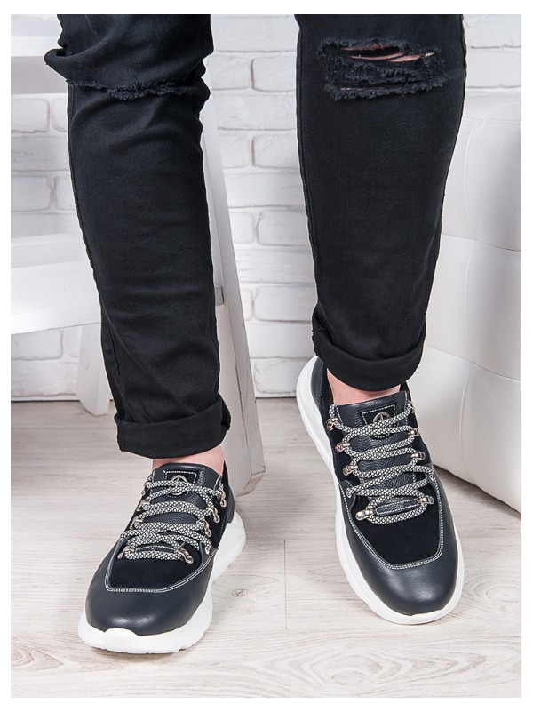 Шкіряні чоловічі кросівки з білою підошвою темно синього кольору 35559