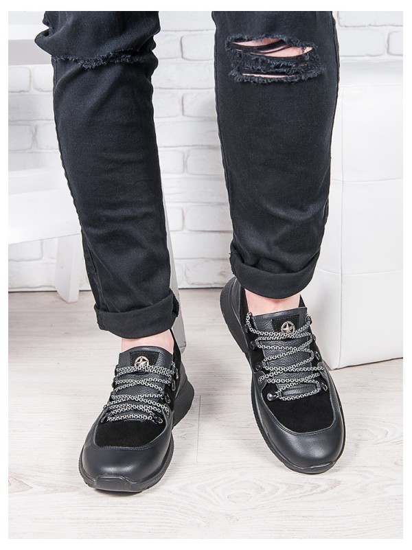 Шкіряні чоловічі кросівки чорного кольору 35560