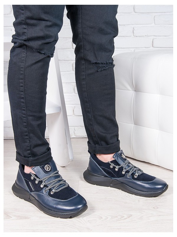 Чоловічі кросівки з натуральної шкіри + замша синього кольору 35561