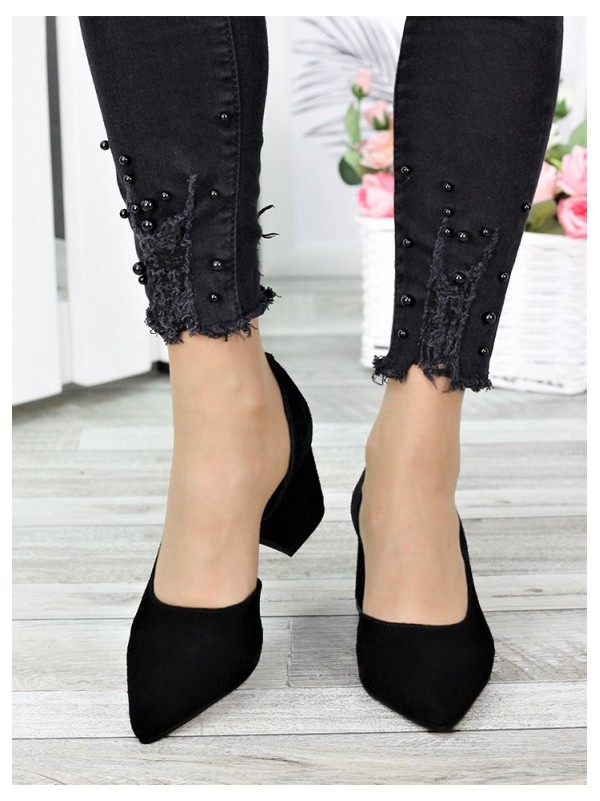 Жіночі туфлі на каблуку з натуральної замші чорного кольору 35567