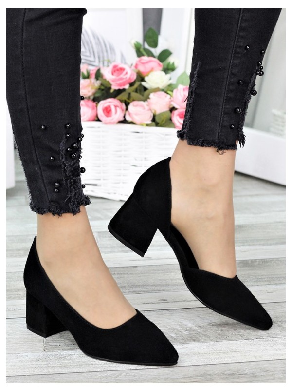 Жіночі туфлі на каблуку з натуральної замші чорного кольору 35567
