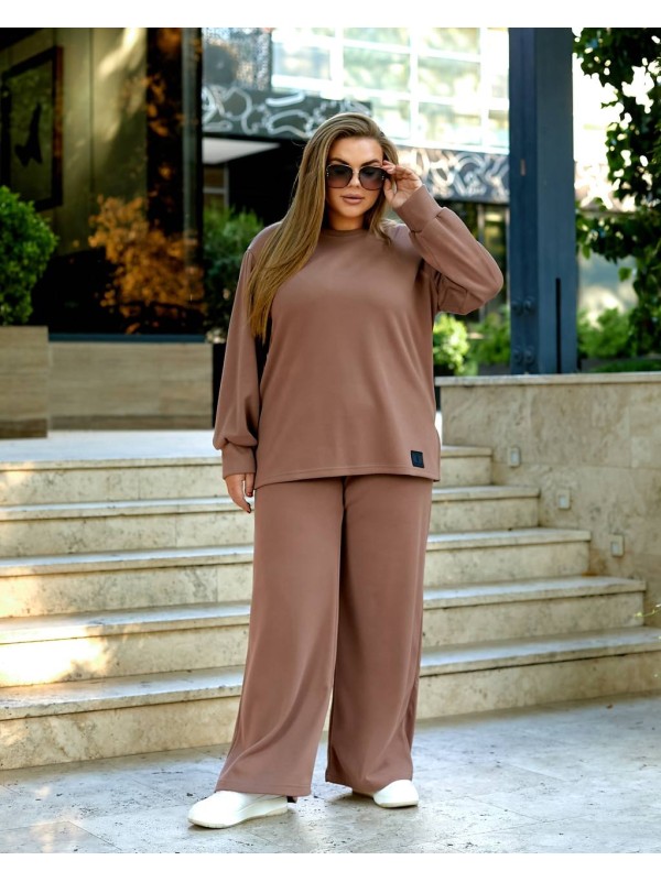 Жіночий прогулянковий костюм з теплого трикотажу кавового кольору 35574