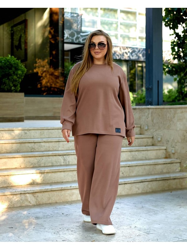 Жіночий прогулянковий костюм з теплого трикотажу кавового кольору 35574