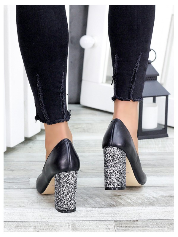 Жіночі туфлі з натуральної шкіри з блискітками на каблуцi чорного кольору 35606