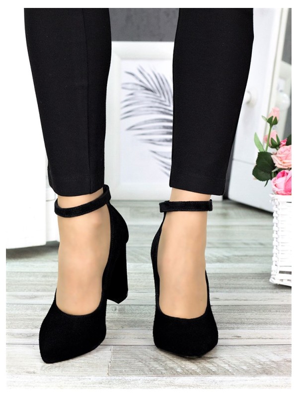 Жіночі туфлі з натуральної замші на каблуку чорного кольору 35611