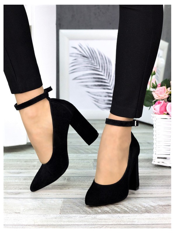 Жіночі туфлі з натуральної замші на каблуку чорного кольору 35611