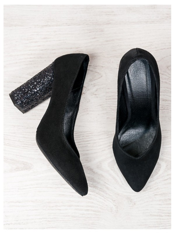 Жіночі туфлі з натуральної замші на каблуку чорного кольору 35612